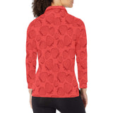 strawberry pattern red background Women's Long Sleeve Polo Shirt