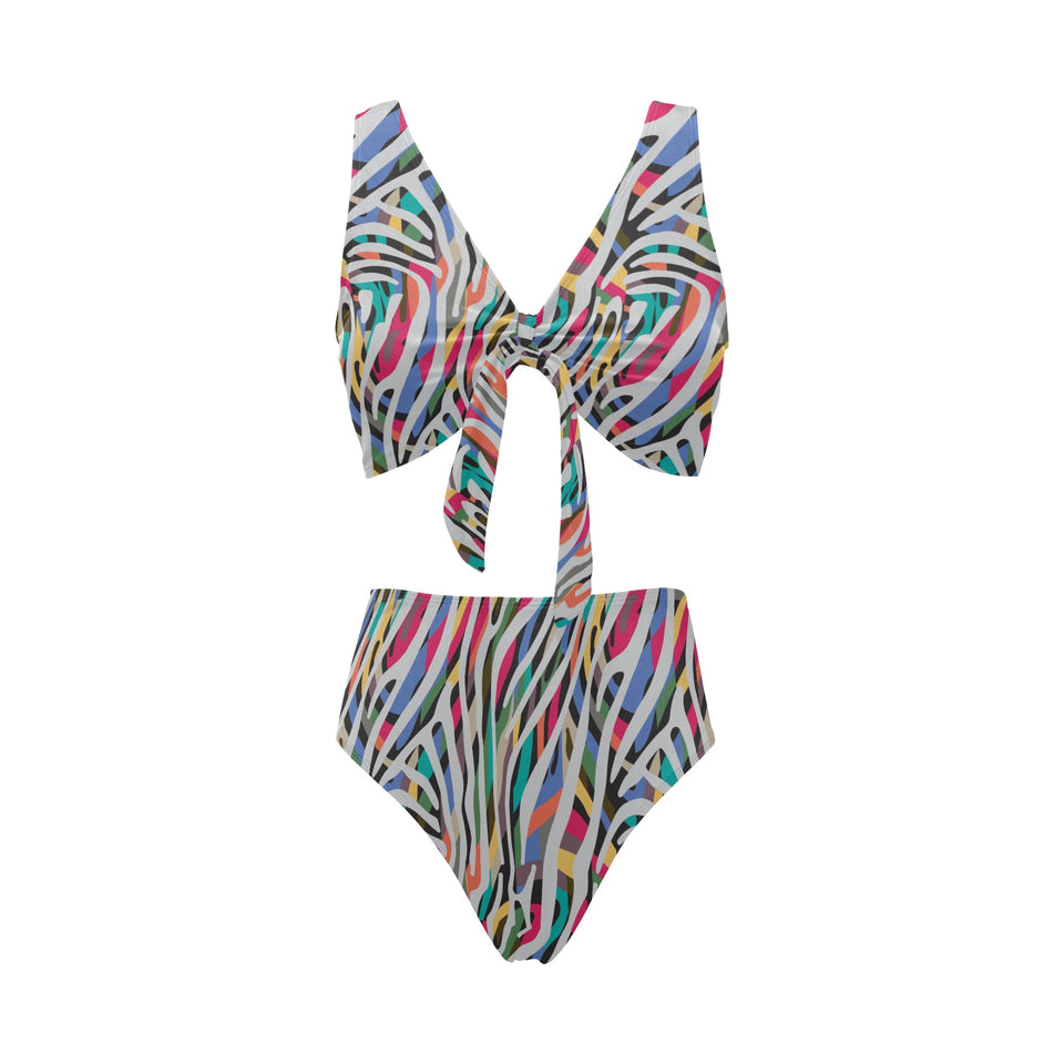 Colorful zebra skin pattern Chest Bowknot High Waisted Bikini Swimsuit