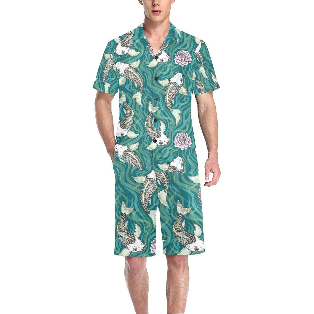 Koi Fish Carp Fish lotus pattern Men's V-Neck Short Pajama Set