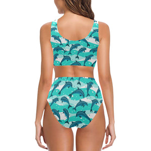 Dolphin sea pattern Chest Bowknot High Waisted Bikini Swimsuit