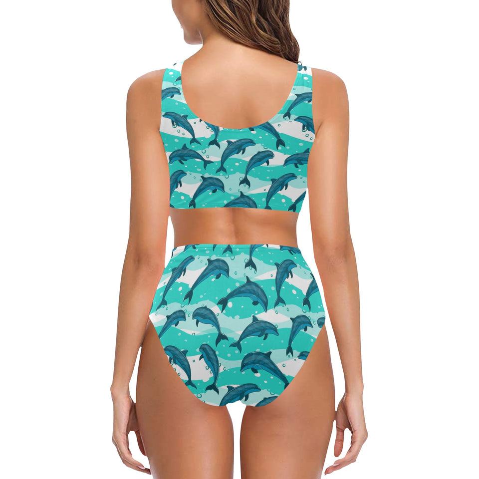 Dolphin sea pattern Chest Bowknot High Waisted Bikini Swimsuit
