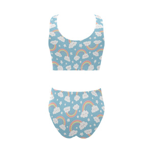 Cute rainbow clound star pattern blue background Chest Bowknot High Waisted Bikini Swimsuit