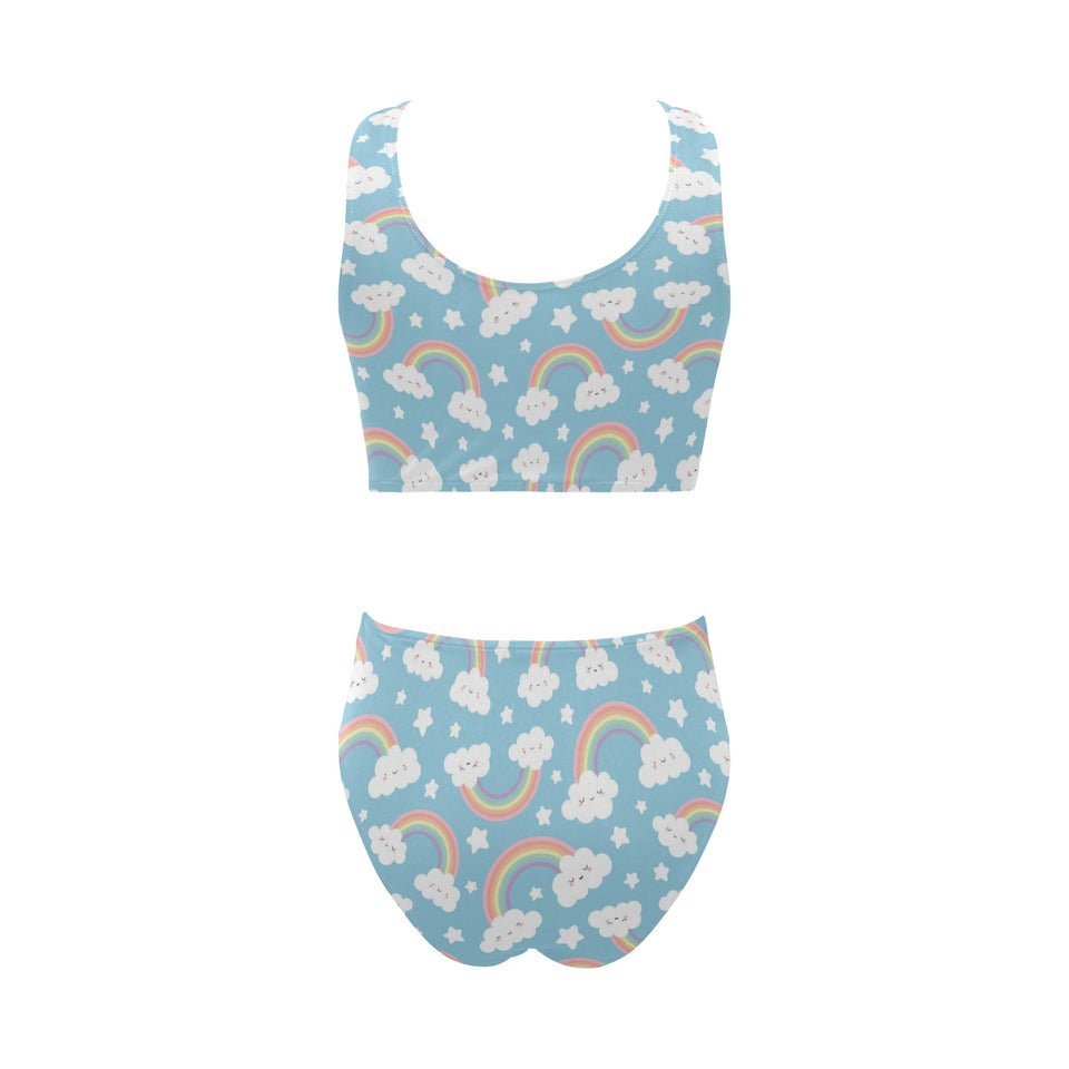 Cute rainbow clound star pattern blue background Chest Bowknot High Waisted Bikini Swimsuit