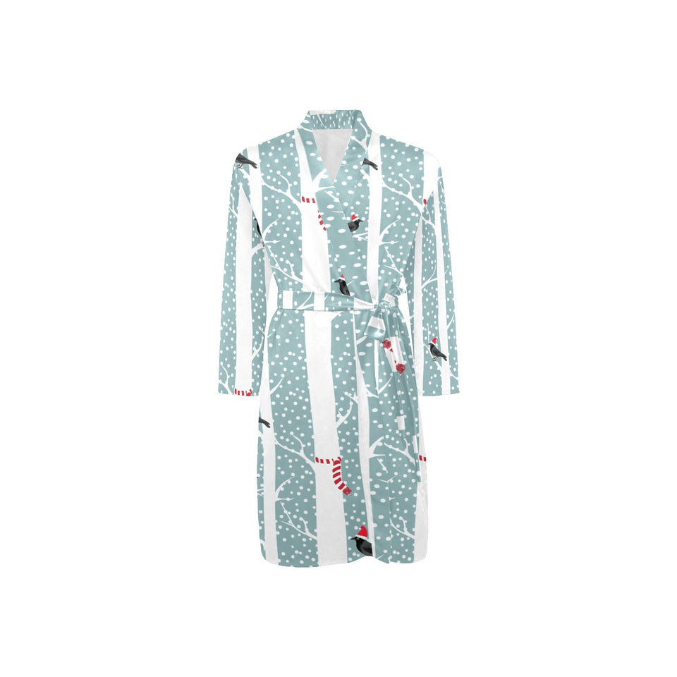 Crows christmas hat scarf Men's Long Sleeve Belted Night Robe