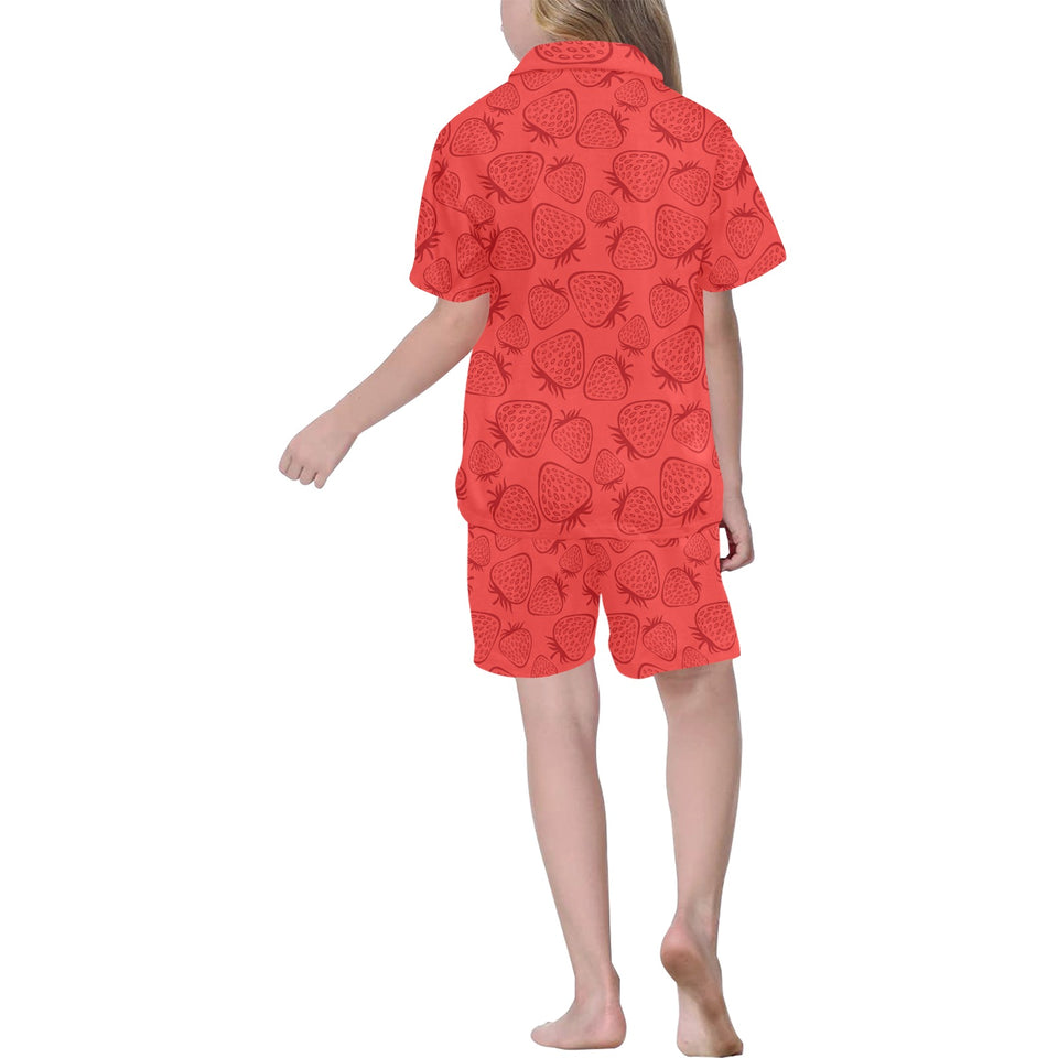 strawberry pattern red background Kids' Boys' Girls' V-Neck Short Pajama Set