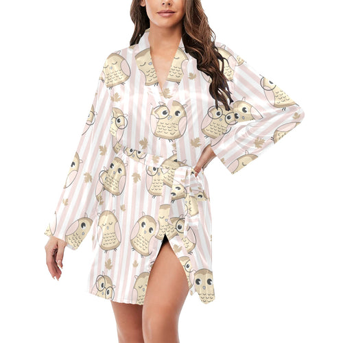 cute owl leaf Women's Long Sleeve Belted Night Robe