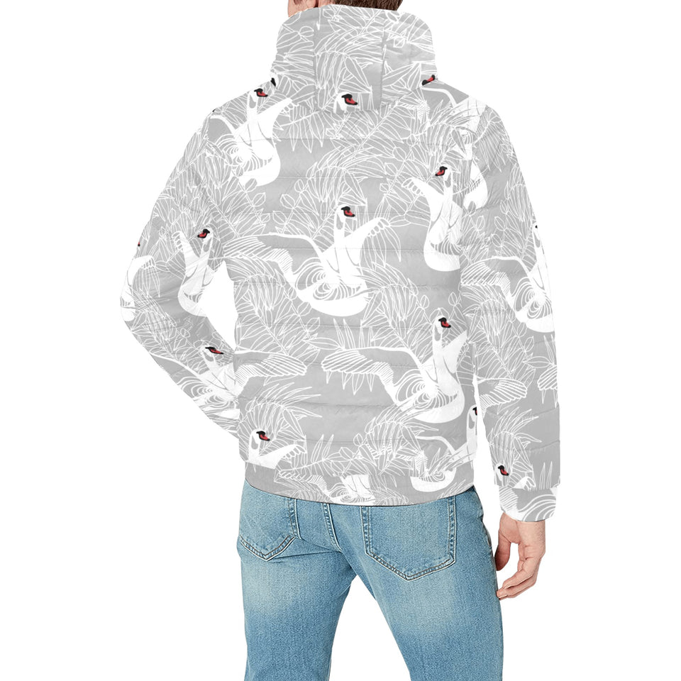white swan gray background Men's Padded Hooded Jacket