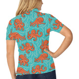 Octopus turquoise background Women's All Over Print Polo Shirt