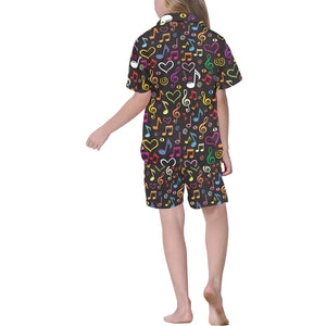 Music Notes Pattern Print Design 02 Kids' Boys' Girls' V-Neck Short Pajama Set