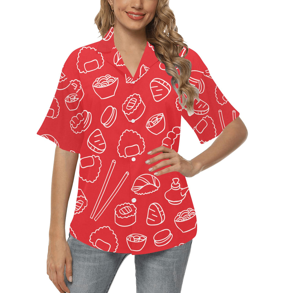 sushi pattern red background Women's All Over Print Hawaiian Shirt