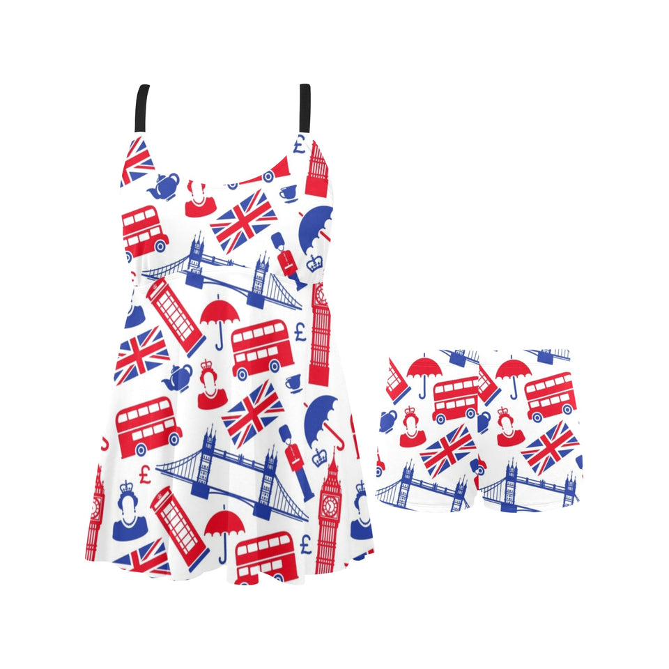 British Pattern Print Design 01 Chest Sexy Pleated Two Piece Swim Dress
