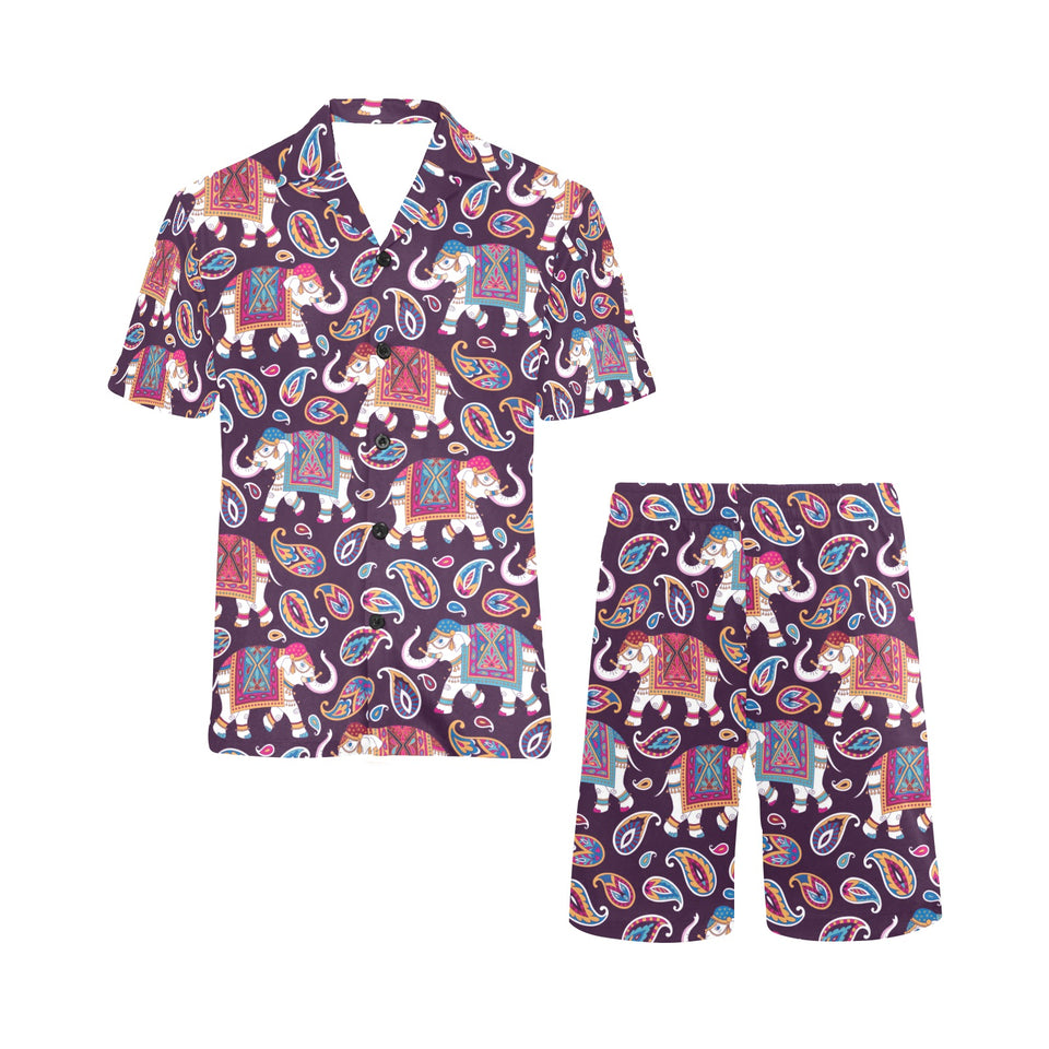 Elephant indian style ornament pattern Men's V-Neck Short Pajama Set