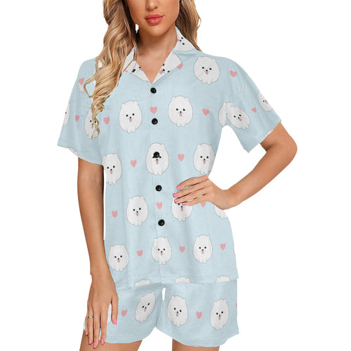 White cute pomeranian pattern Women's V-Neck Short Pajama Set