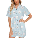 White cute pomeranian pattern Women's V-Neck Short Pajama Set