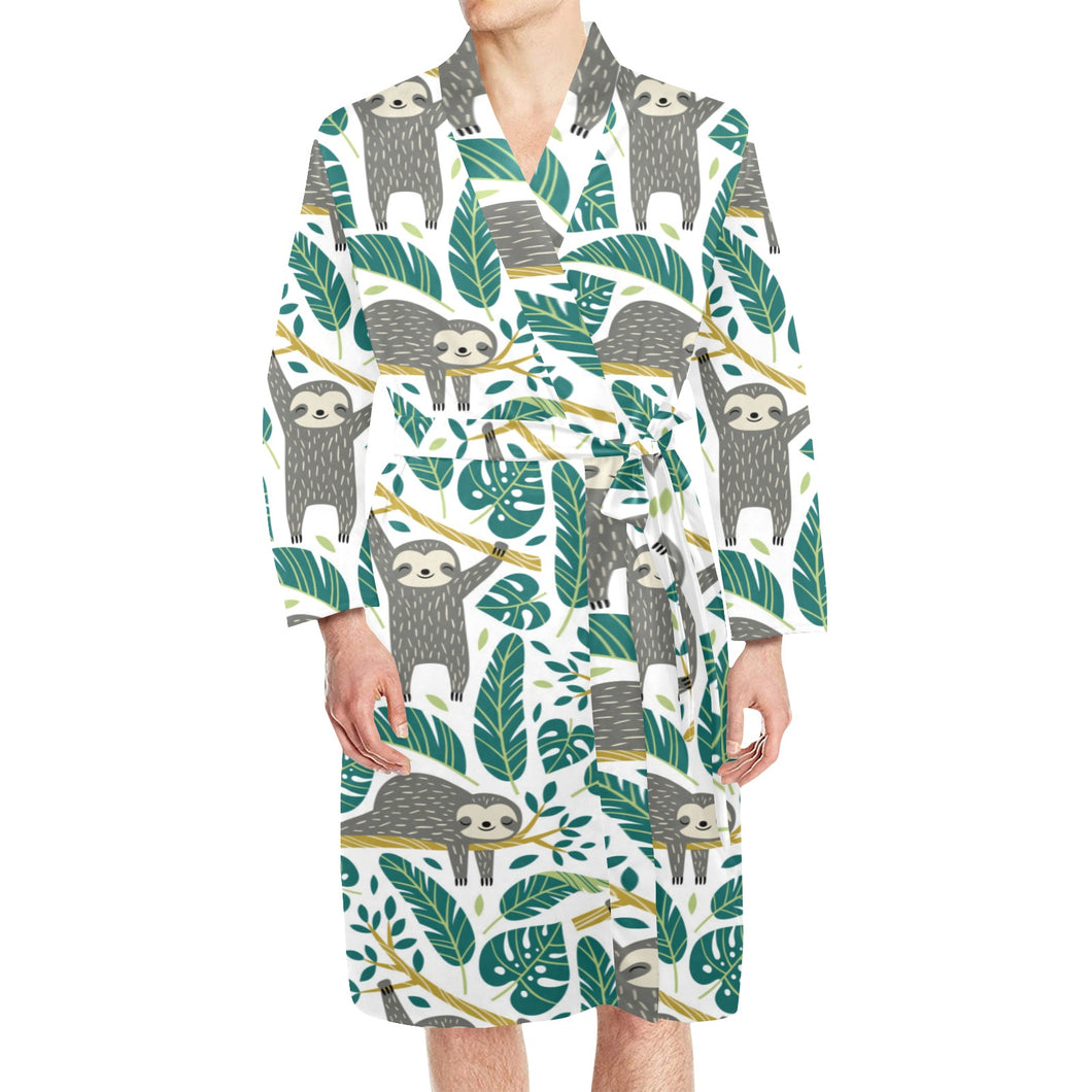 Cute sloths tropical palm leaves white background Men's Long Sleeve Belted Night Robe