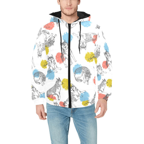 Siberian husky and colorful circle pattern Men's Padded Hooded Jacket
