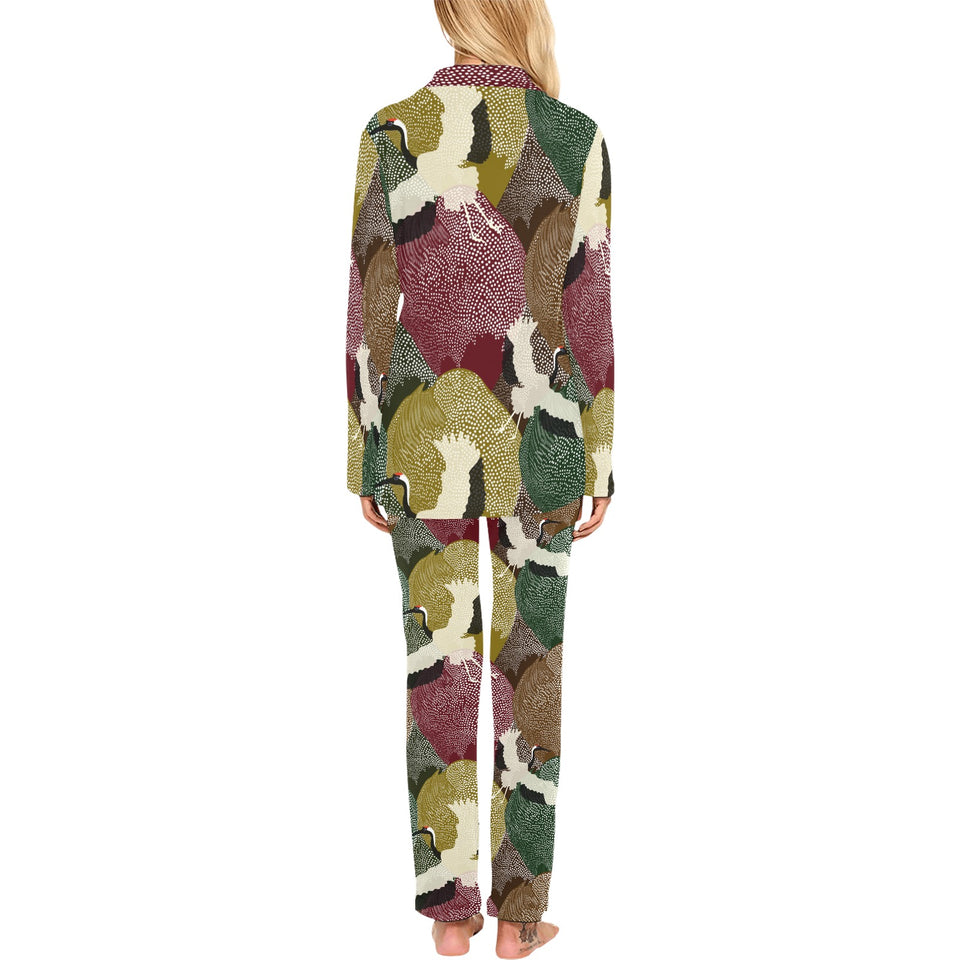 Japanese cranes flying forest dot pattern Women's Long Pajama Set