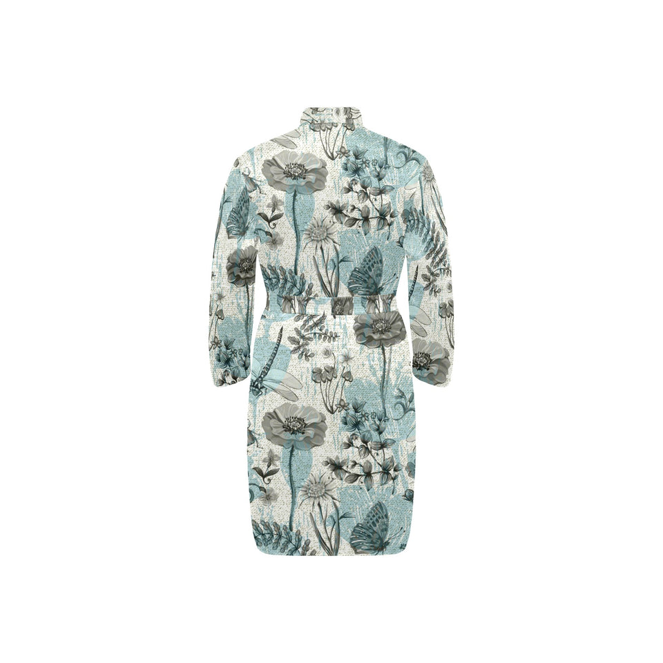 Dragonfly Butterfly Plants insect flower vintage s Men's Long Sleeve Belted Night Robe