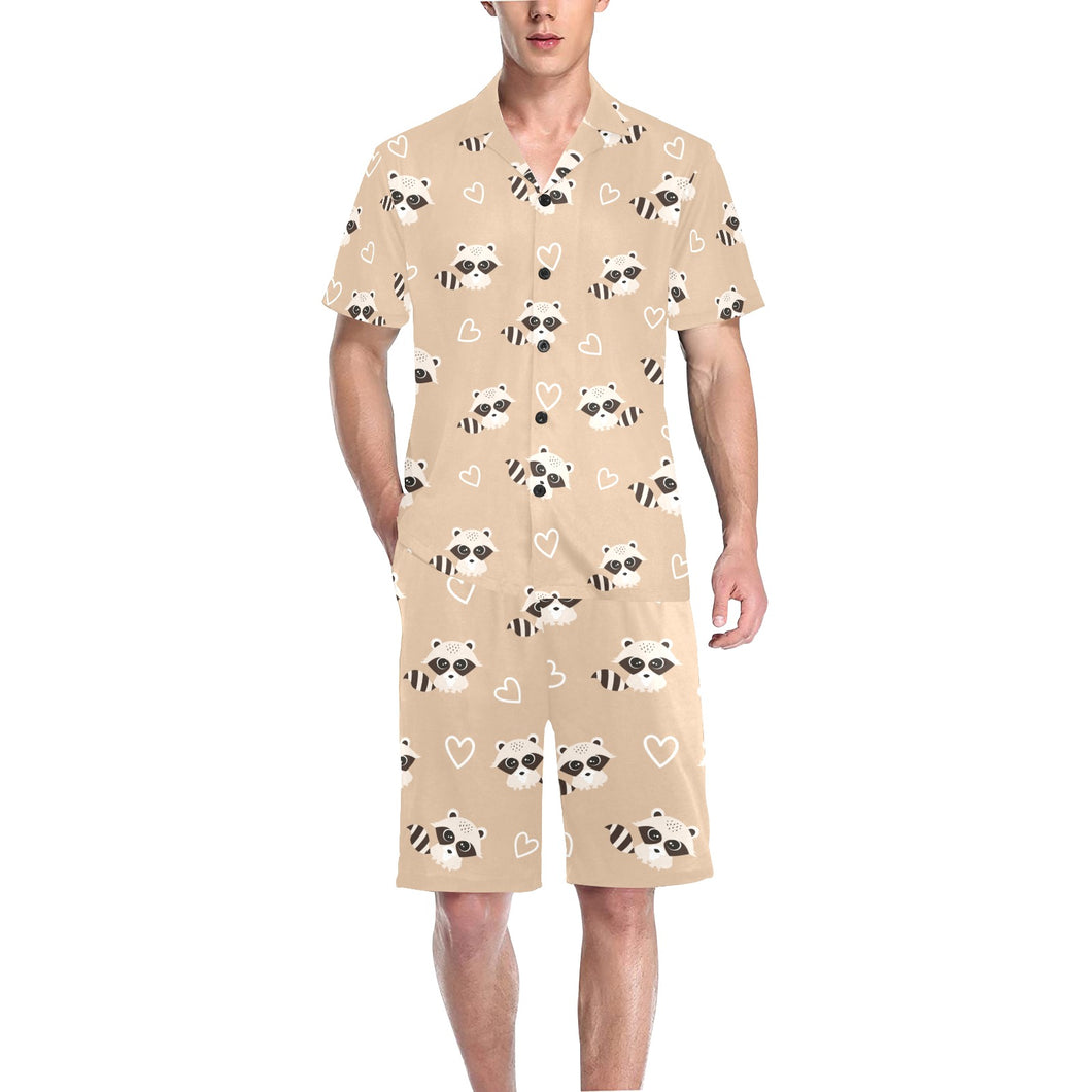 Cute raccoon heart pattern Men's V-Neck Short Pajama Set
