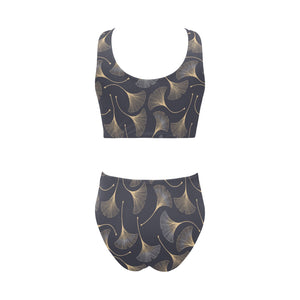 Gold ginkgo leaves Chest Bowknot High Waisted Bikini Swimsuit