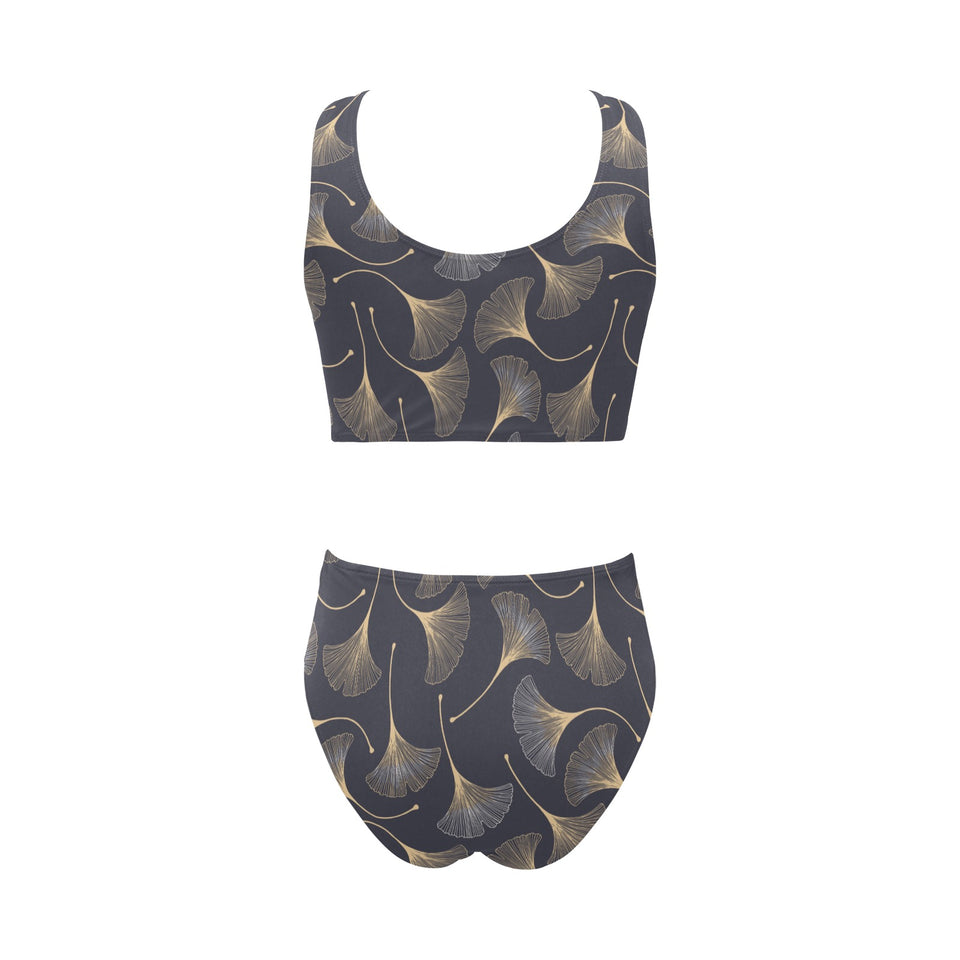 Gold ginkgo leaves Chest Bowknot High Waisted Bikini Swimsuit