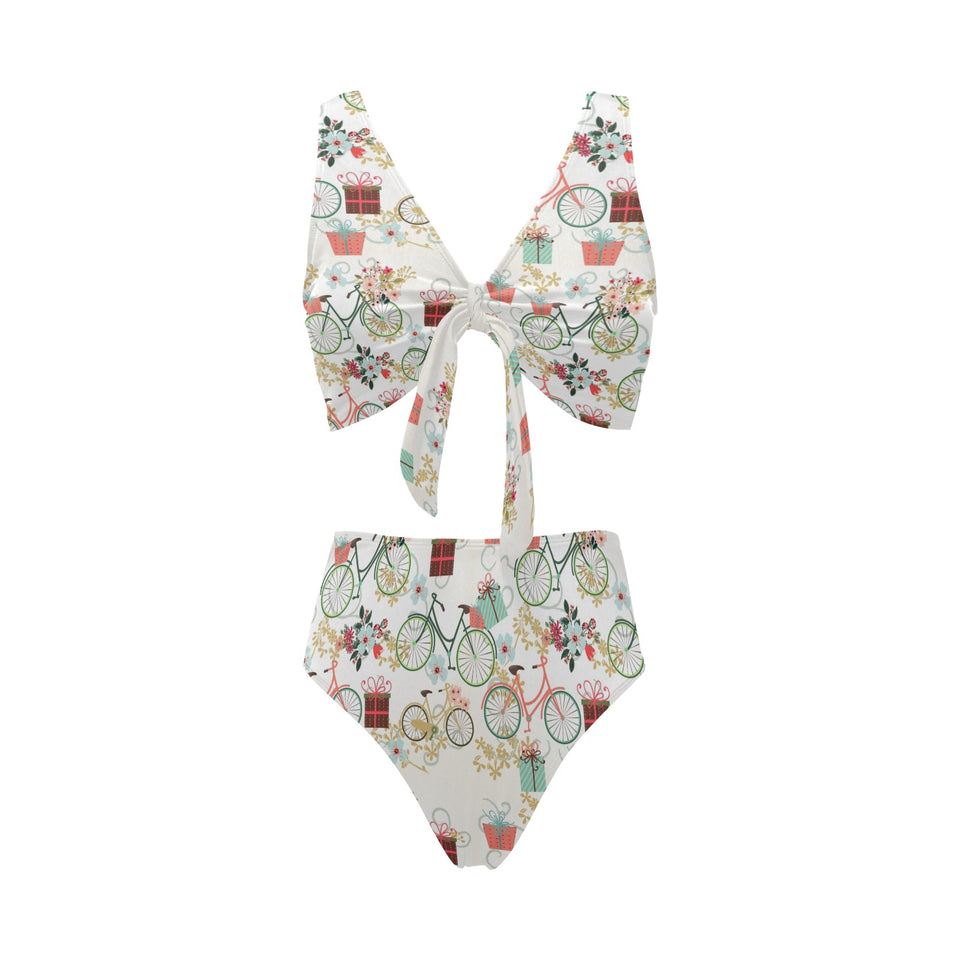 Bicycle Pattern Print Design 05 Chest Bowknot High Waisted Bikini Swimsuit