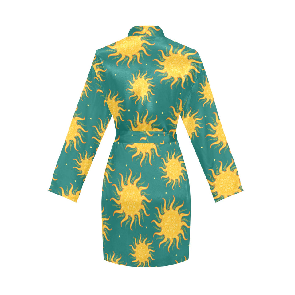 Sun green background Women's Long Sleeve Belted Night Robe