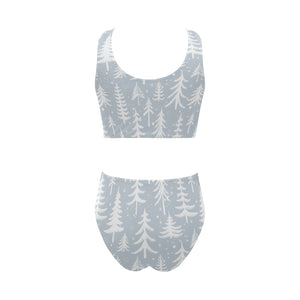Christmas tree winter forest pattern Chest Bowknot High Waisted Bikini Swimsuit