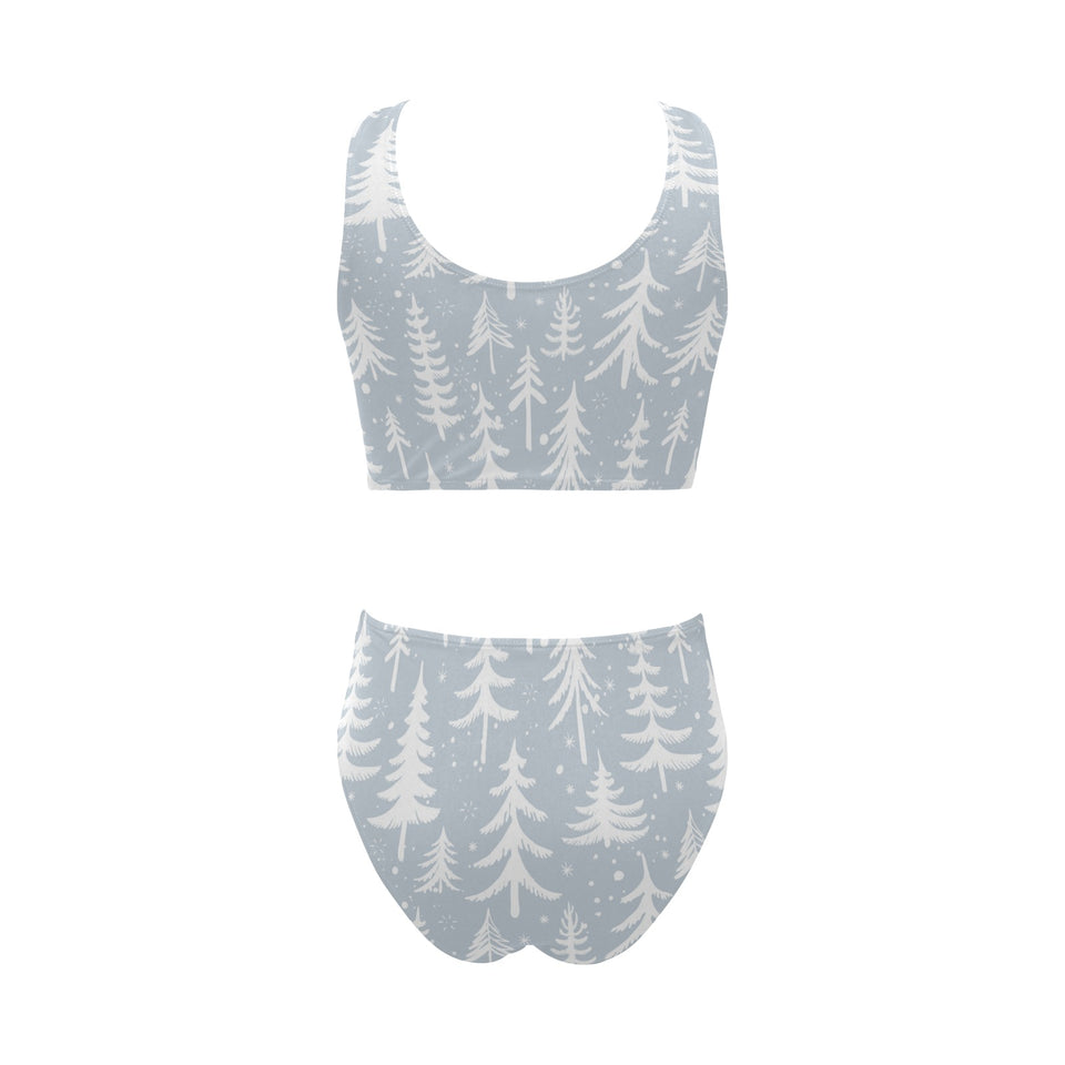 Christmas tree winter forest pattern Chest Bowknot High Waisted Bikini Swimsuit