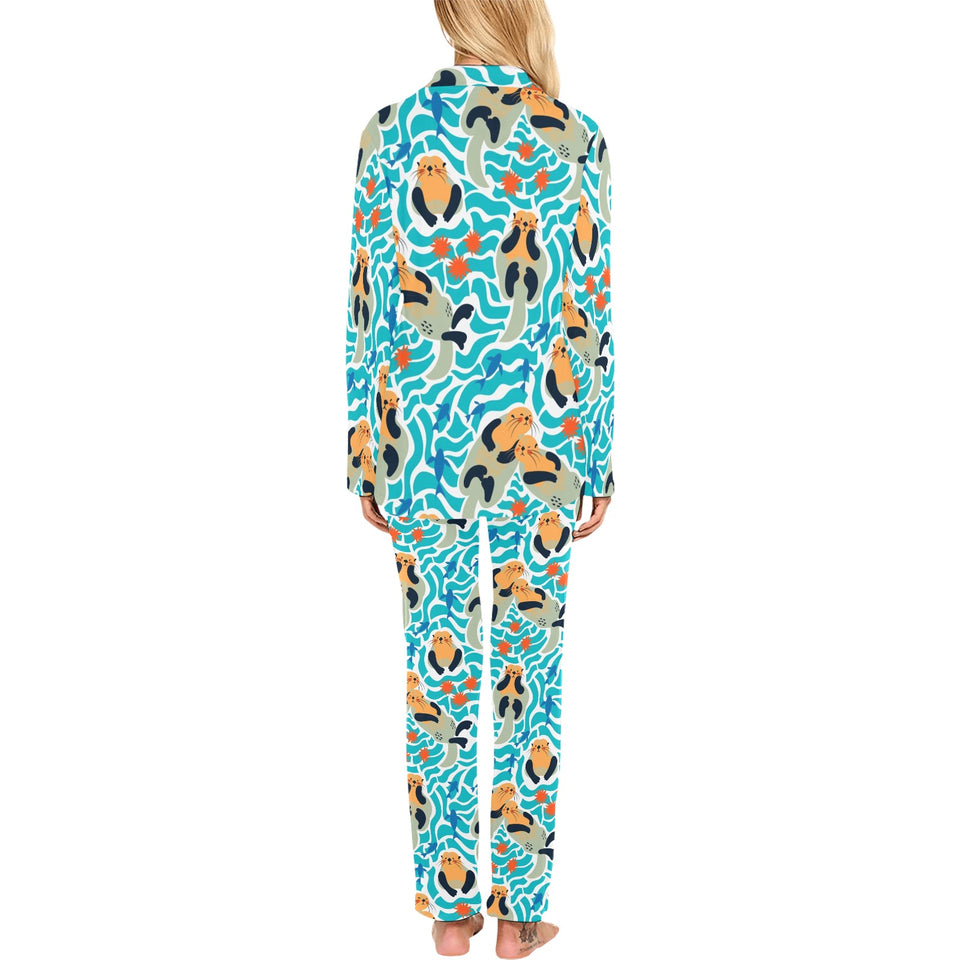 Cute sea otters fishe sea urchin pattern Women's Long Pajama Set