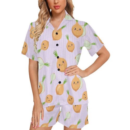 cute onions smiling faces purple background Women's V-Neck Short Pajama Set