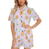 cute onions smiling faces purple background Women's V-Neck Short Pajama Set