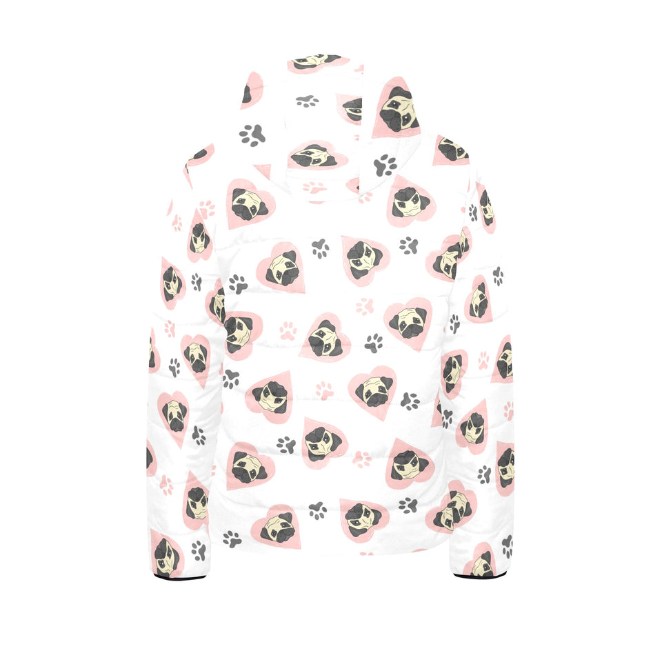 Cute pugs pink heart paw pattern Kids' Boys' Girls' Padded Hooded Jacket