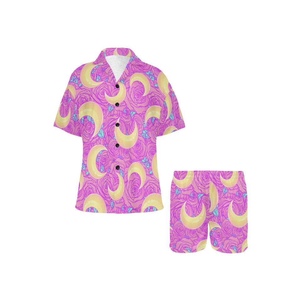 Moon pink rose background Women's V-Neck Short Pajama Set