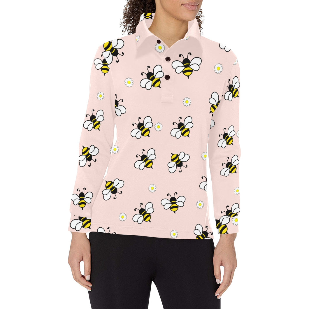 Cute bee flower pattern pink background Women's Long Sleeve Polo Shirt