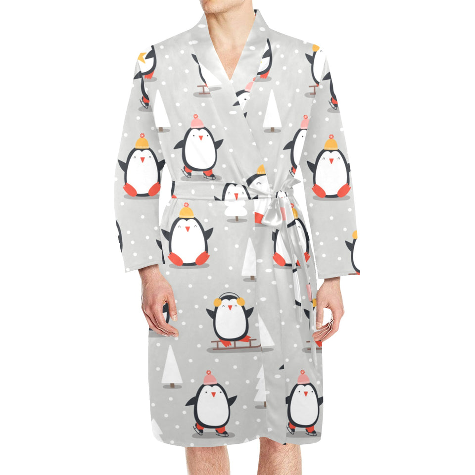 Cute Penguin christmas pattern Men's Long Sleeve Belted Night Robe