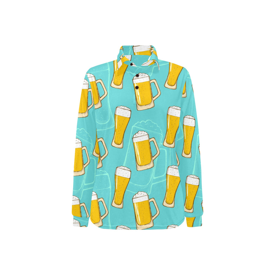 Beer pattern green background Women's Long Sleeve Polo Shirt