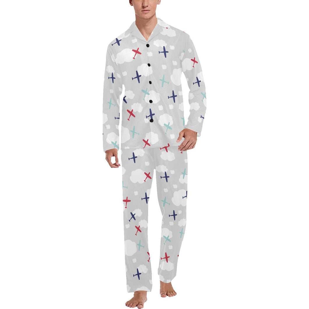 Airplane cloud grey background Men's Long Pajama Set