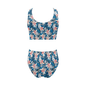 Hibiscus Pattern Print Design 02 Chest Bowknot High Waisted Bikini Swimsuit