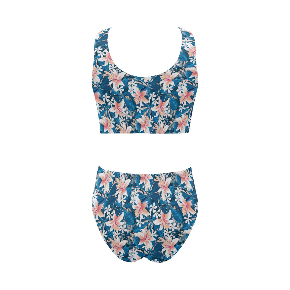 Hibiscus Pattern Print Design 02 Chest Bowknot High Waisted Bikini Swimsuit
