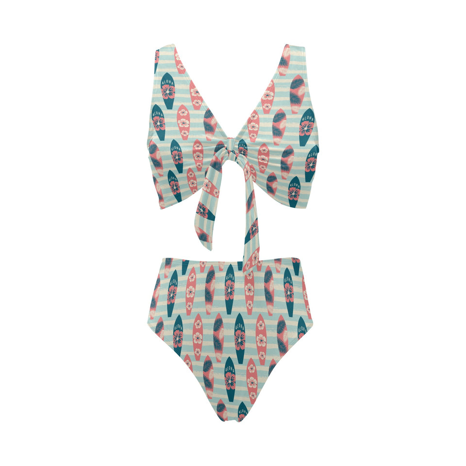 Surfboard Pattern Print Design 02 Chest Bowknot High Waisted Bikini Swimsuit