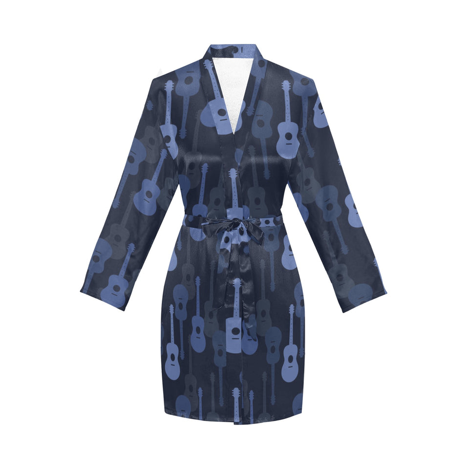 Blue Theme guitar pattern Women's Long Sleeve Belted Night Robe