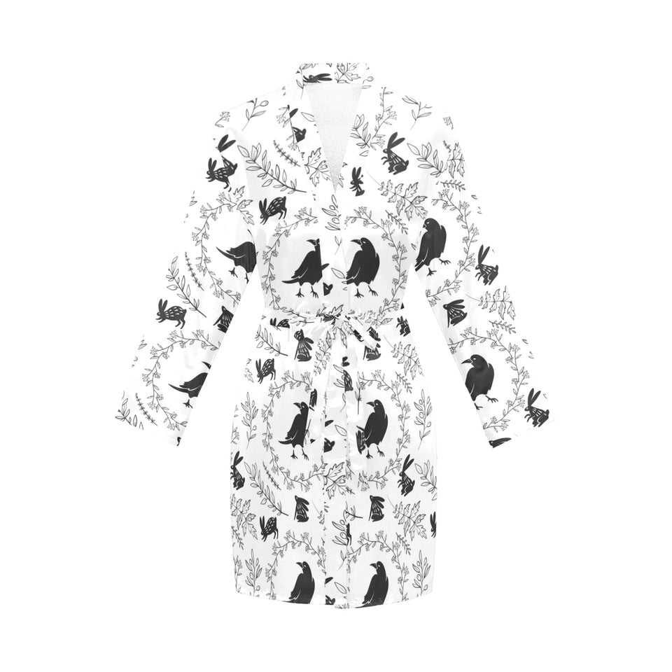 Crows floral wreath rabbit pattern Women's Long Sleeve Belted Night Robe