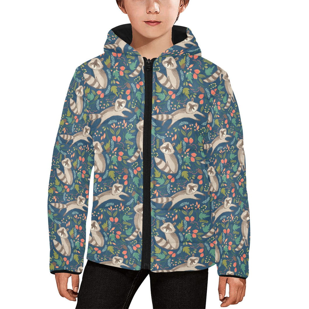 Raccoon tropical leaves pattern Kids' Boys' Girls' Padded Hooded Jacket