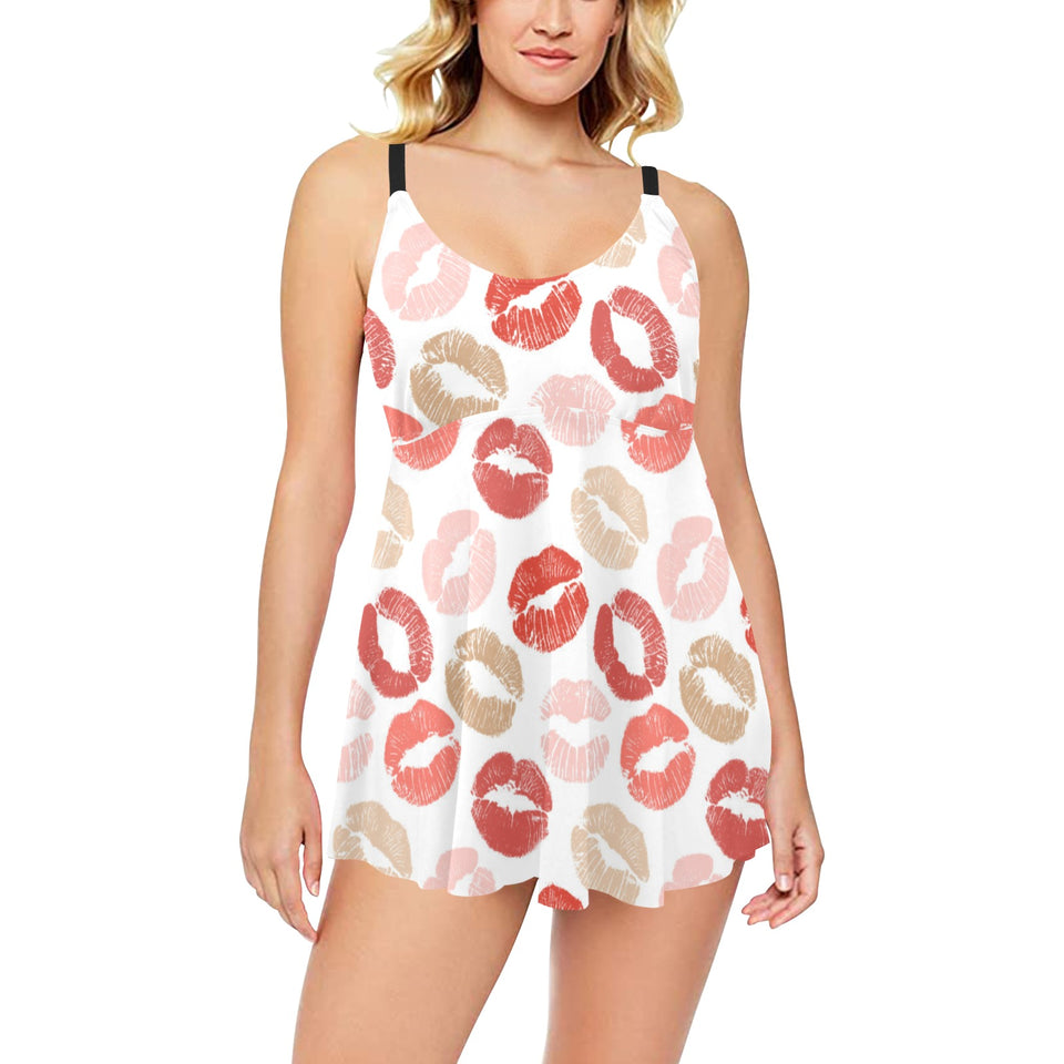 Lips Pattern Print Design 04 Chest Sexy Pleated Two Piece Swim Dress