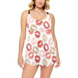 Lips Pattern Print Design 04 Chest Sexy Pleated Two Piece Swim Dress