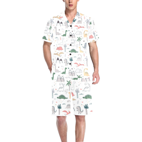 Cute cartoon dinosaurs tree pattern Men's V-Neck Short Pajama Set