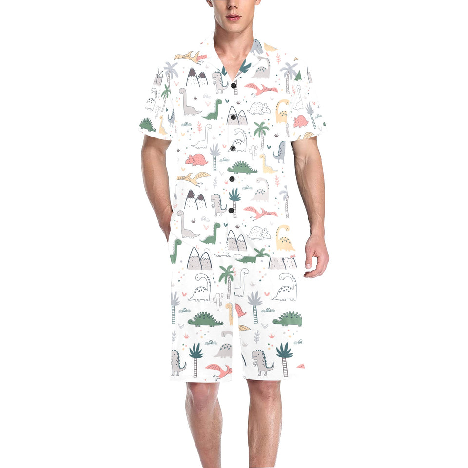 Cute cartoon dinosaurs tree pattern Men's V-Neck Short Pajama Set