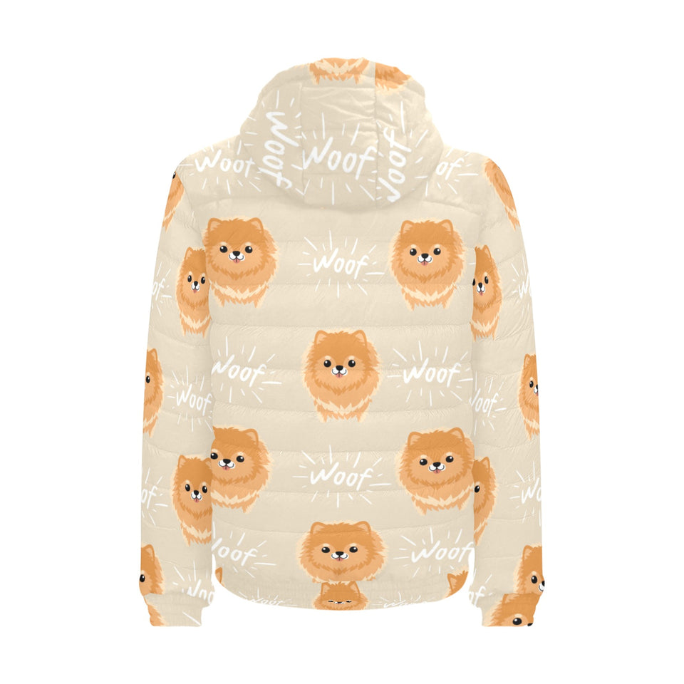 Cute brown pomeranian puppy on blue Men's Padded Hooded Jacket