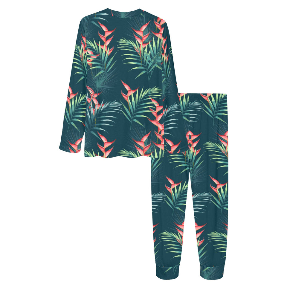 heliconia flowers, palm and monstera leaves on bla Women's All Over Print Pajama Set